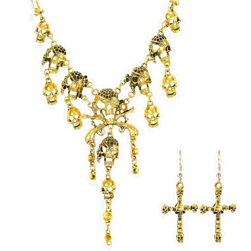 Vazak Women's Antique Silver Multilevel Pirate Skull Tassel Charm Necklace and Skull Bracelet Lady Horror Charm Necklace (Golden)