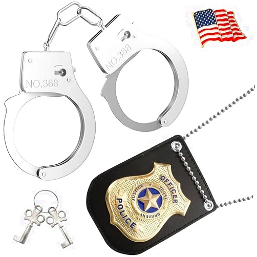 Phaxcoo AUUABEARONN Police Badge Police Pretend Play Toy Set for Kids Metal Handcuffs with Key American Flag Waving Lapel Pins Halloween NYPD Police Badge Dress Up Pretend Play Accessory Black One Size