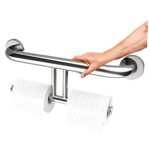 Zepolu Polished Chrome Grab Bar for Bathroom 17 Inch, Zepolu Stainless Steel 2-in-1 Safety Handrail w/Double Toilet Paper Holder, Wall Mounted Balanced Support Bar Assist Handle for Senior Elderly Handicap