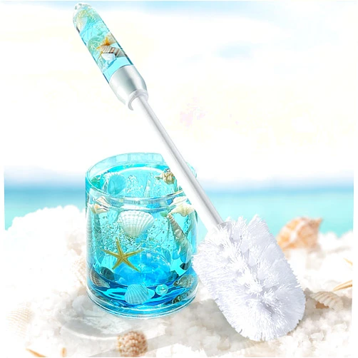FONMY Toilet Brush and Holder Acrylic with Nature Seashell,Compact Size Toilet Bowl Brush with Plastic Handle Easy to Hide, Drip-Proof,Space Saving for Storage,Easy to Assemble,Deep Cleaning, (Blue)