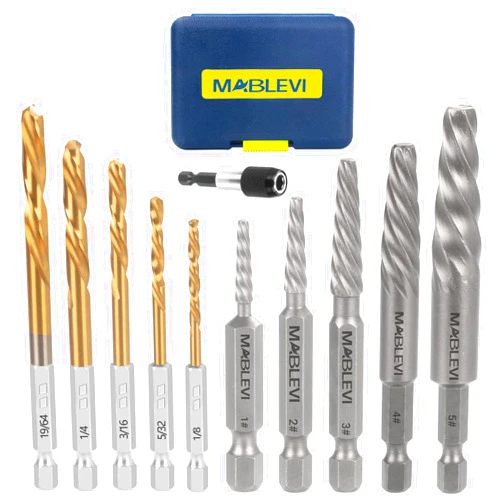 MABLEVI 11 Pieces Screw Extractor Set, Metric Easy Out Bolt Extractor Set, Reverse Drill Bit Extractor Set for Removing Broken Screws, Bolts, and Studs