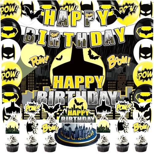 Cihuyuxia 42Pcs Bat Super Theme Hero Party Decorations Including Backdrop,Cake Toppers,Cupcake Toppers,Balloons for Bat Birthday Movie Fans Party Decorations