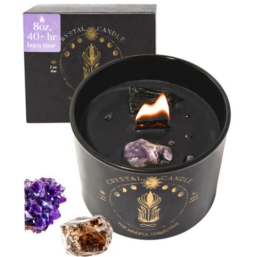 THE MINDFUL COLLECTIVE Black Crystal Candle for Women - 8oz Wood Wick Candle that Crackles with Natural Soy Wax. Luxurious Slow Burn, for Meditation. Includes Amethyst & Smokey Quartz Crystals