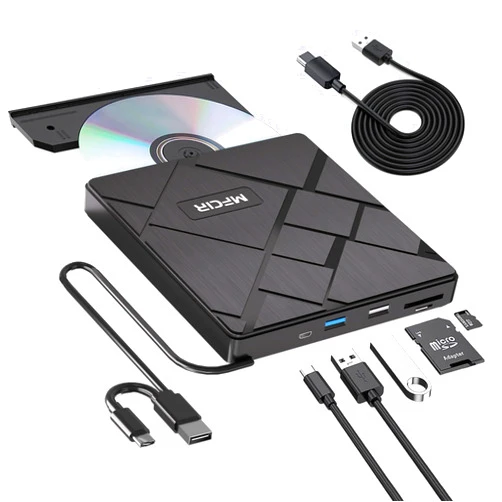Mfcir External CD/DVD Drive for Laptop,PC,Mac.Portable DVD Write CD Burner RW ROM Optical Drive Player Reader Disk Disc for USB 3.0 Type C,with 2 USB Ports and 2 TF/SD Card Slots,Windows,Linux OS