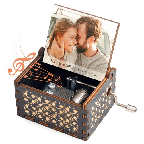 VUBU GIFTS Personalized Music Box - Custom with Your Photo & Text - Wooden Hand Crank Music Box - Vintage Engraved - Black - Can't Help Falling in Love Melody