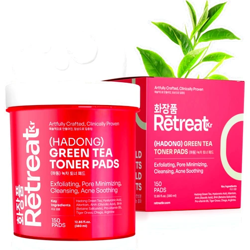 RETREAT KR Green Tea Toner Pads Korean - AHA BHA & Glycolic Acid, 150 Exfoliating Pads, XL Dual Texture, Exfoliate, Brighten, Minimize Pores, Hypoallergenic & Vegan, for Sensitive Acne-Prone Skin