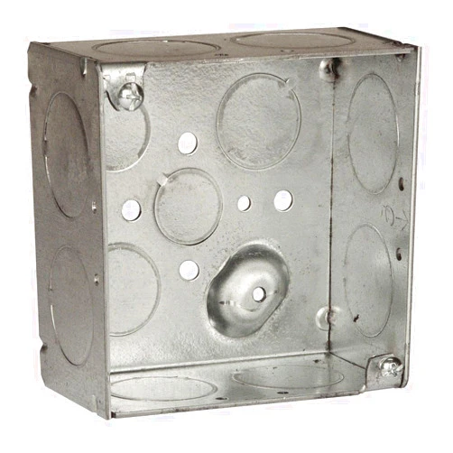 BELL 4 in. Square Box, Welded, 2-1/8 in. Deep, Three 1/2 in, Two 3/4, & Eight 1 in. KO's