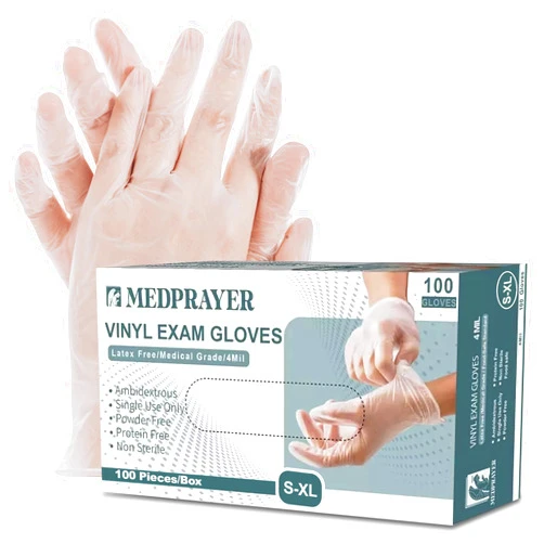 MEDPRAYER Vinyl Exam Gloves - Disposable & Powder Free Gloves for Hand Protection, Food Safe, Medical Use - 4 Mil (Clear)