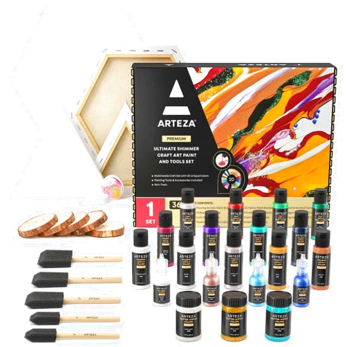 Arteza Acrylic Pouring Paint Kit, 36 Pieces, Bright and Iridescent Pouring Paint, Pearlized Paint, 3D Fabric Paint, Chunky Glitter, Wood Slices, Canvases, and Foam Brushes, Art Supplies for Painters