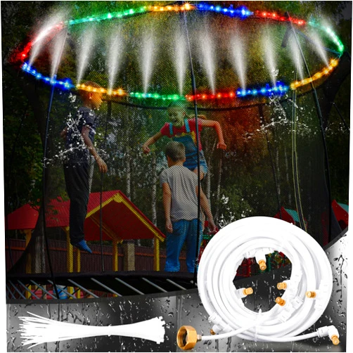 Cunhill Trampoline Sprinkler for Kids with 39.4ft LED Trampoline Lights 39 ft Long Outdoor Trampoline Water Sprinkler with Remote Control Trampoline Rim LED Light for Outdoor Water Games Yard (Whirl)
