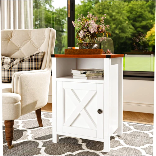 TRINEAR Farmhouse End Table, Rustic Vintage End Side Table with Barn Door and Storage Shelf, White Wood Night Satnd for Bedroom, Living Room,White