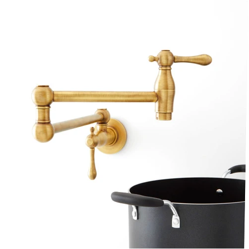 Signature Hardware 954008 4.6 GPM Double Handle Wall Mounted Retractable Pot Filler - Aged Brass