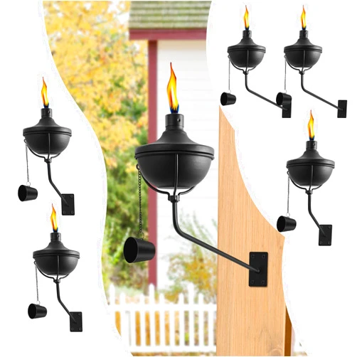 FAN-Torches Wall Mounted Citronella Torches Set of 6, 24 oz Garden Torches for Outside, Refillable Flame Light Torch, Outdoor Metal Torch for Yard, Patio, Deck, Garden, Party, Landscape