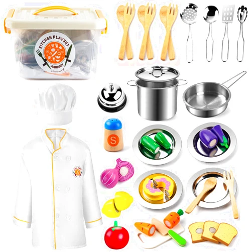 Juboury Pretend Play Kitchen Set - Toy Kitchen Accessories with Stainless Steel Cookware Pots and Pans, Plates, Cooking Utensils, Kids Chef Coat & Hat, Wooden Play Food for Kids, Girls, Boys, Toddlers
