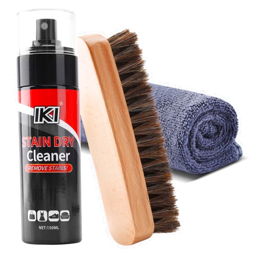 IKI Stubborn Stain Dry Cleaning Agent Set - Includes Large Horsehair Brush & 2 High-Fiber Towels - Effective on Clothes, Shoes, Fabrics, Blankets, Leather Goods