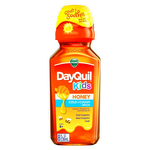 Vicks DayQuil Kids Cold and Cough + Mucus Relief Made with Real Honey for Kids 6+ Tastes Great 8oz