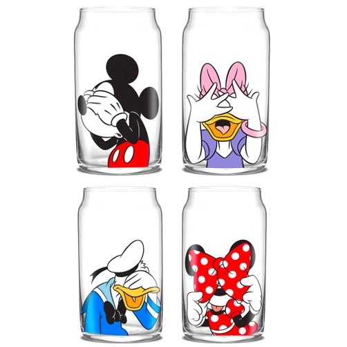 JoyJolt Disney Mickey Mouse & Friends Peek-a-Boo Collection Tumblers, 16oz Can Shape Tumbler Drinking Glass Cups Set, Glass Tumbler Set of 4 w/Glass Straws, Disney Gifts, Mickey Mouse Glasses