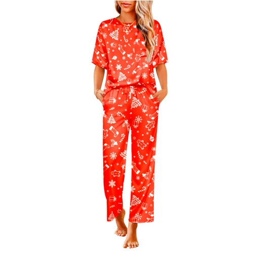 Ekouaer Womens Silk Pajamas Set Print Satin PJs Set Two Piece Pj Sets Sleepwear Loungewear Short Sleeve Lounge Set