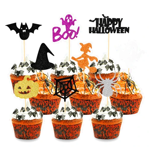 Hengmerry 45 PCS Halloween Cupcake Topper Glitter Ghost Boo Witch Hat Bat Pumpkin Spider Cupcake Picks for Baby Shower Kids Birthday Horror Movie Theme Party Cake Decorations Supplies
