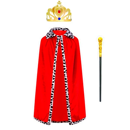 Qtdstz Royal King Costume Set for Kids, Red Cape with Polka Dot Trim, Gold Crown and Scepter