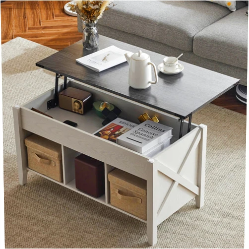 VINGLI Lift Top Coffee Table, Charcoal Top with White Frame, Farmhouse Cross-Sided Design, with Storage Shelf/Hidden Compartment, Gas Lift Mesa De Centro para Sala Pop Up Coffee Table