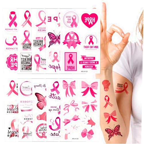 Foweso Breast Cancer Awareness Temporary Tattoo Stickers, 10 Sheets, Pink, Waterproof