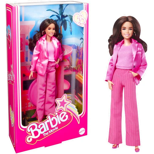 Barbie The Movie Doll, Gloria Collectible Wearing Three-Piece Pink Power Pantsuit with Strappy Heels & Golden Earrings