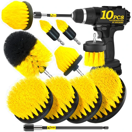 Holikme 10Pieces Drill Brush Attachments Set, Power Scrubber Brush with Extend Long Attachment，Scrub Brush，Shower Scrubber，Cleaning Supplies,Yellow