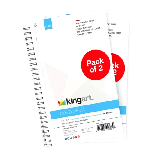 KINGART 600-2 Mixed Media SKETCHBOOKS, 5.5 x 8.5 Inches, 60-Sheet Spiral Bound Drawing Pads, Micro-Perforated, for Wet and Dry Media, Pack of 2