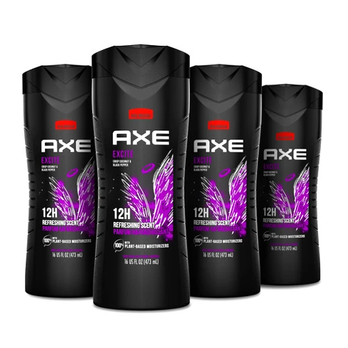 AXE Body Wash 12h Refreshing Scent Excite Crisp Coconut & Black Pepper Men's Body Wash with 100% Plant-Based Moisturizers 16 oz 4 Pack