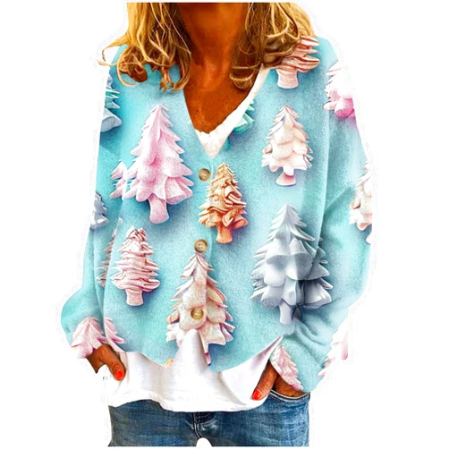 ABOUTYES Women Christmas Cardigan Hodiday Xmas Shirt Knitting Long Sleeve Button Down Open Front Knitted Sweater Coat Outwear