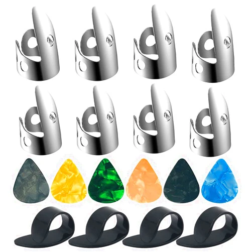 DLAND 18 Adjustable Finger Picks,Including Stainless Steel Finger Picks, 4 Plastic Thumb Picks,and 6 Picks for Guitar,Harp,Banjo and Other Instruments
