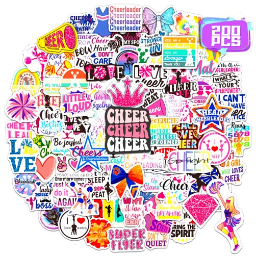 MonEnfance 200PCS Cheer Stickers, Vinyl Cheerleading Stickers for Laptop Cheer Stuff Water Bottles Pink Cheerleaders Gifts for Girls Cheer Lover Team School Teens