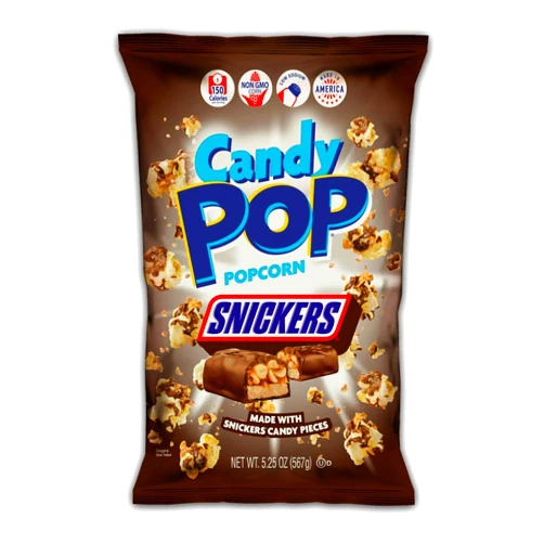 Snack Pop Snickers Candy Coated Popcorn, Made with Real Candy Pieces, Drizzled with Chocolate and Caramel, NON-GMO, 5.25oz