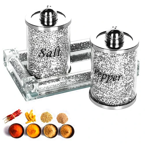 Topsky Crystal Salt and Pepper Shakers Set with Tray,Sparkly Crystal Crushed Diamond House Decor for Kitchen,Bling Salt Pepper Jar Container Pot for Countertop,saleros para cocina elegantes,Silver