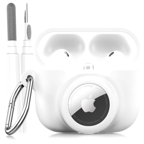 LDSXAY 2 in 1 Silicone Case Compatible with AirPods Pro 3 and AirTag, Shockproof Protective Case Cover for AirPods Pro 3rd Generation 2025 with Cleaner Kit & Carabiner (White)