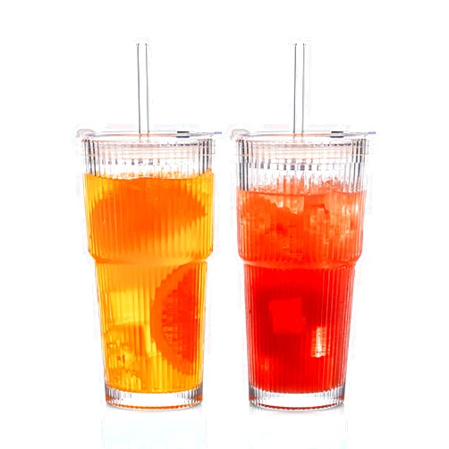 INSETLAN 20 oz Ribbed Glass Tumblers with Lids and Glass Straws – 2-Piece Glassware Set, Thickened Glass, Ideal for Iced Coffee, Smoothies, Cocktails, and Juices – Elegant and Durable Drinkware