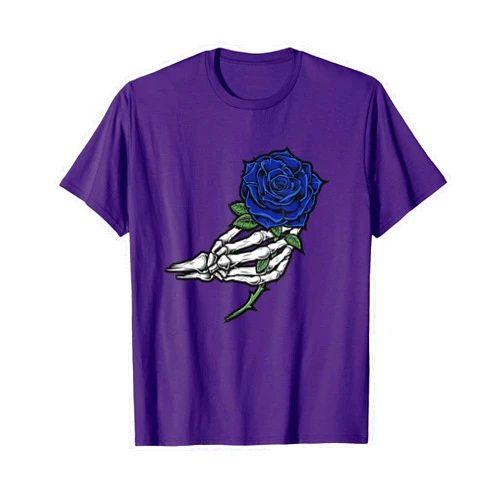 COol Skull & Skeleton Tatto Arts Halloween Gifts Skeleton Hand Holding Blue Rose T-Shirt