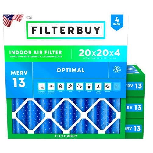 Filterbuy 20x20x4 Air Filter MERV 13 Optimal Defense (4-Pack), Pleated HVAC AC Furnace Air Filters Replacement (Actual Size: 19.50 x 19.50 x 3.63 Inches)