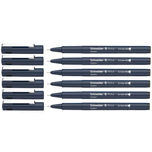 Schneider Pictus Fineliner (Line Width 0.2 mm, Indelible Pigment Liner, Metal-Encased Tip, 85% Recycled Plastic Casing) Pack of 6, Black