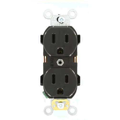 Leviton 5252-E 15 Amp, 125 Volt, Industrial Series Heavy Duty Specification Grade, Duplex Receptacle, Straight Blade, Self Grounding, Black