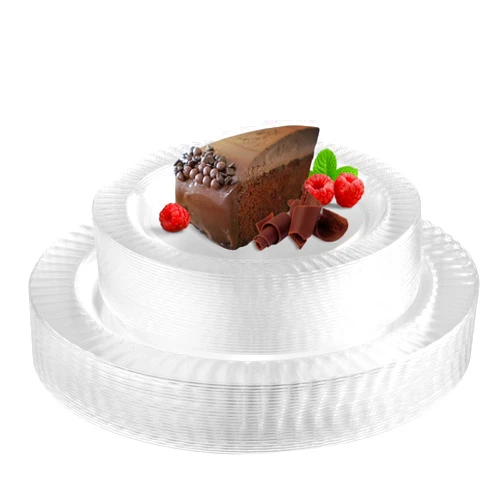 PERFECT SETTINGS TABLEWARE AND PARTY DECORATIONS Perfect Settings 50 PSC Clear Hard Plastic Plates - 25 x 10 Inch Dinner / 25 x 7 Inch Salad - Heavy Duty Elegant Disposable Dinnerware Plates (Clear Textured Edge)