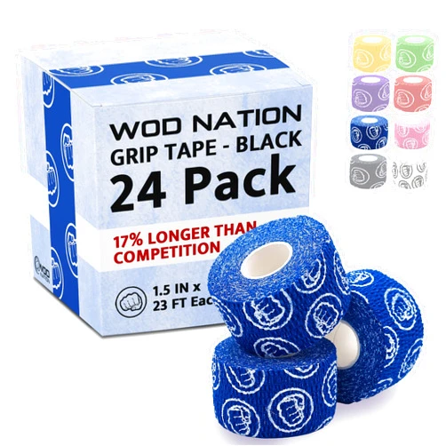 WOD Nation Weightlifting Hook Grip Tape - Bulk Packs of 3, 12, 24 Rolls (23ft/Roll) Comfortable & Stretchy Athletic Thumb Tape for Weight Lifting & Cross Training - Protect Thumb, Wrist & Finger