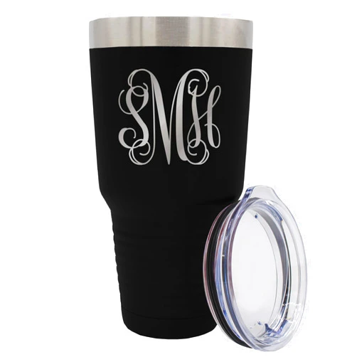 The Wedding Party Personalized Vine Monogram 30 oz Powder Coated Stainless Steel Insulated Travel Tumbler - Custom Monogrammed for Wife, Her, Women, Mom, Teacher (Black)