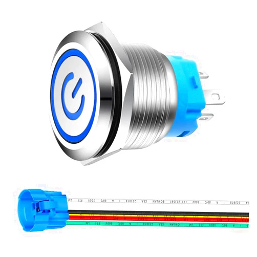 Gebildet 0.87''/22mm Blue LED Stainless Steel Latching Push Button Switch 12V-24V/5A Power Symbol LED 1NO1NC SPDT ON Off Waterproof Toggle Switch with Wire Socket Plug