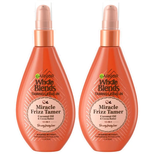 Garnier Whole Blends Sulfate Free Remedy Miracle Frizz Tamer 10-in-1 Leave-In Conditoner for Very Frizzy Hair, Coconut Oil & Cocoa Butter, 5 Fl Oz, 2 Count (Packaging May Vary)