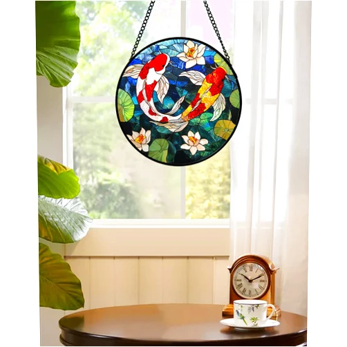 AMDERVEN Stained Glass Window Hanging, Koi and Lotus Sun Catcher for Door Home Decor Fish Suncatcher Christmas Mother's Day Birthday Gifts for Women Men Mom and Nana 6.3 in