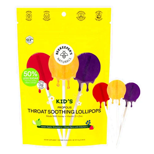 Beekeeper's Naturals Kids Throat Soothing Lollipops by Beekeeper's Naturals - Doctor Formulated Immune Support, Vitamin D & Honey, Under 2g Sugar, Clean Ingredients,15 ct