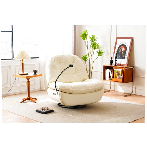 Linique Power Recliner Sofa Chair, 270 Degree Swivel Leisure Single Sofa with Button Control, Wireless Speaker, USB Ports, Hidden Arm Storage and Phone Holder for Living Room, Bedroom, White PU (Without LED)