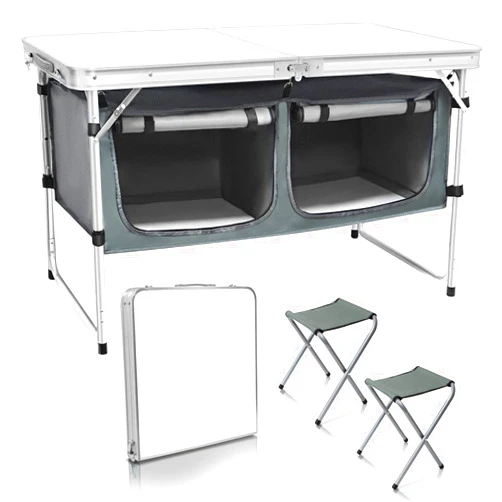 YDY+YQY Camping Table with Chairs,Portable Folding Camping Table with Storage and Adjustable Leg,Outdoor Folding Table for Picnic Beach Camp Party BBQ,White and Grey